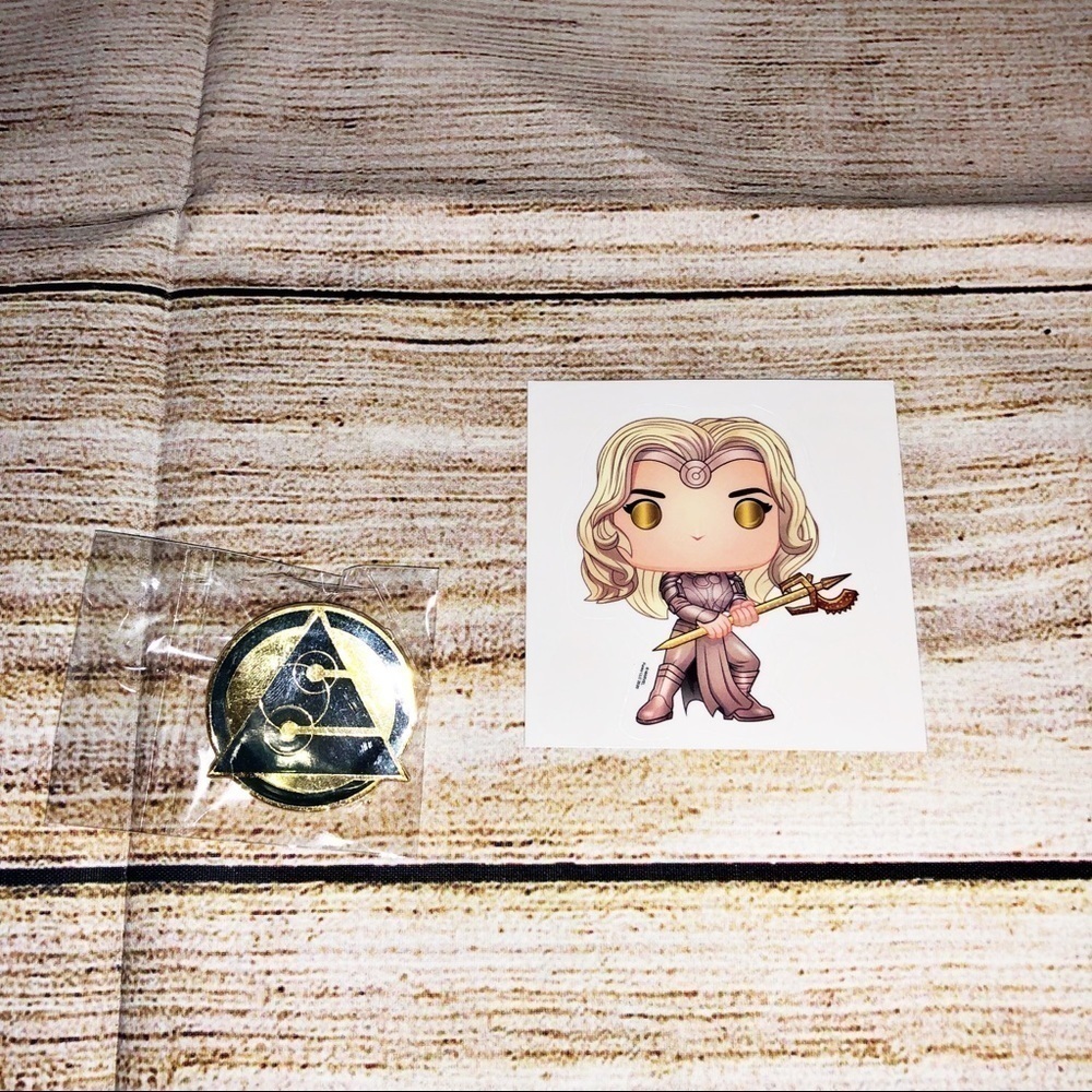 New Marvel Collectors Corp Exclusive Eternals Thena Sticker and Domo Pin